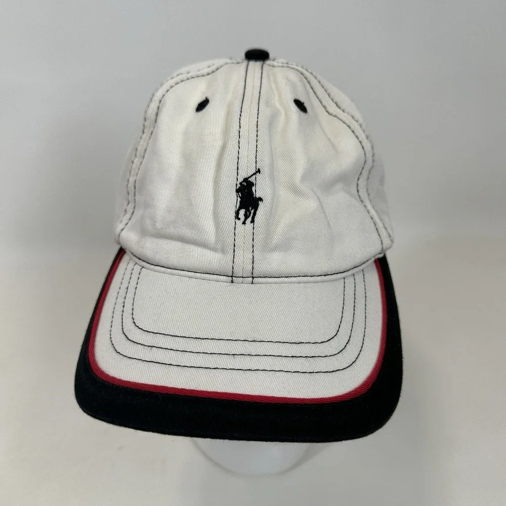Polo‎ Ralph Lauren Hat Mens Strap Back Buckle White Black Pony Logo Cap Vintage